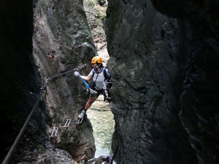 Hiking Slovak Paradise national park - Via Ferrata Kyseľ - crossing the narrowest place "Dungeon" from one side to the other