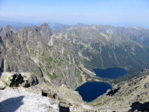 Rysy peak - view of the mountain lakes Morskie Oko and Czarny staw